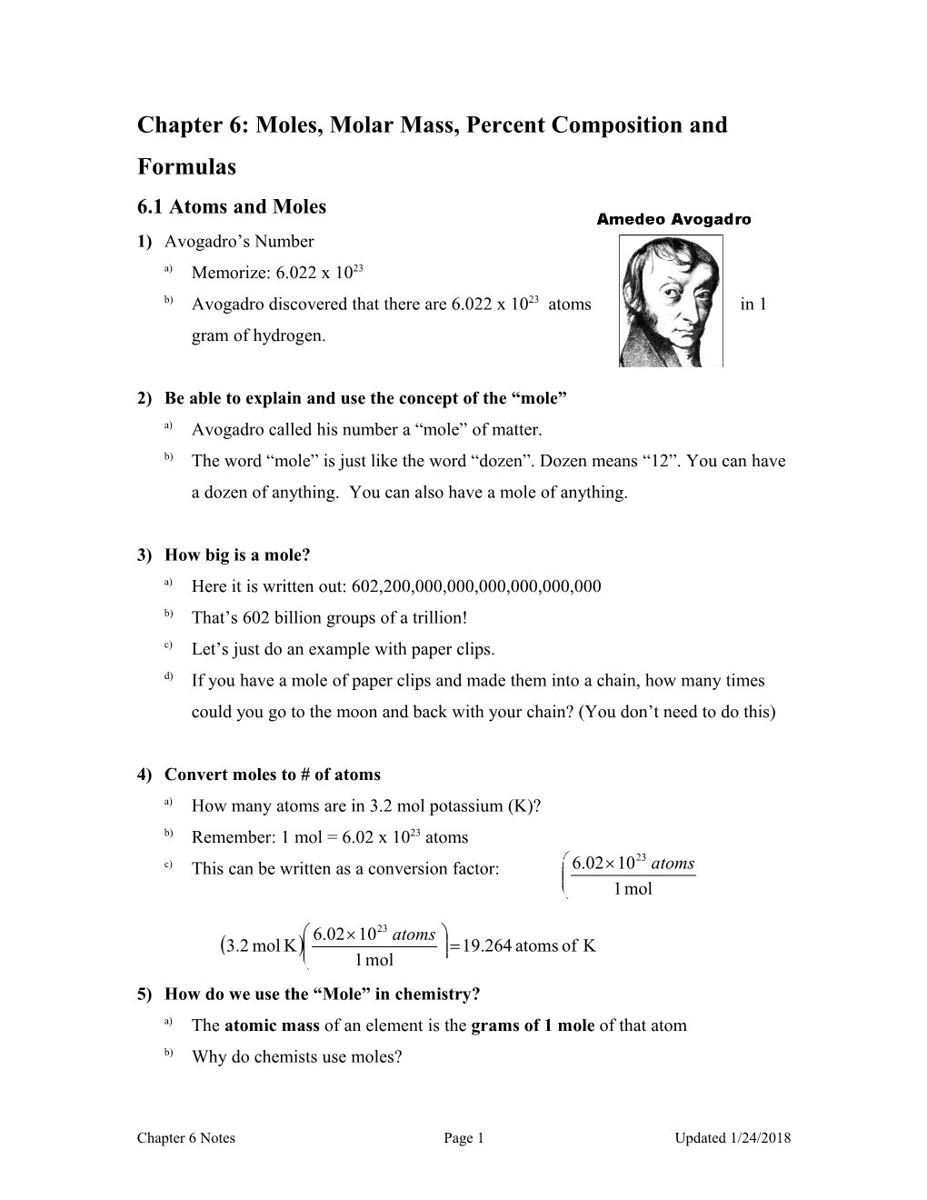 Chapter 6: Moles, Molar Mass, Percent Composition and Formulas