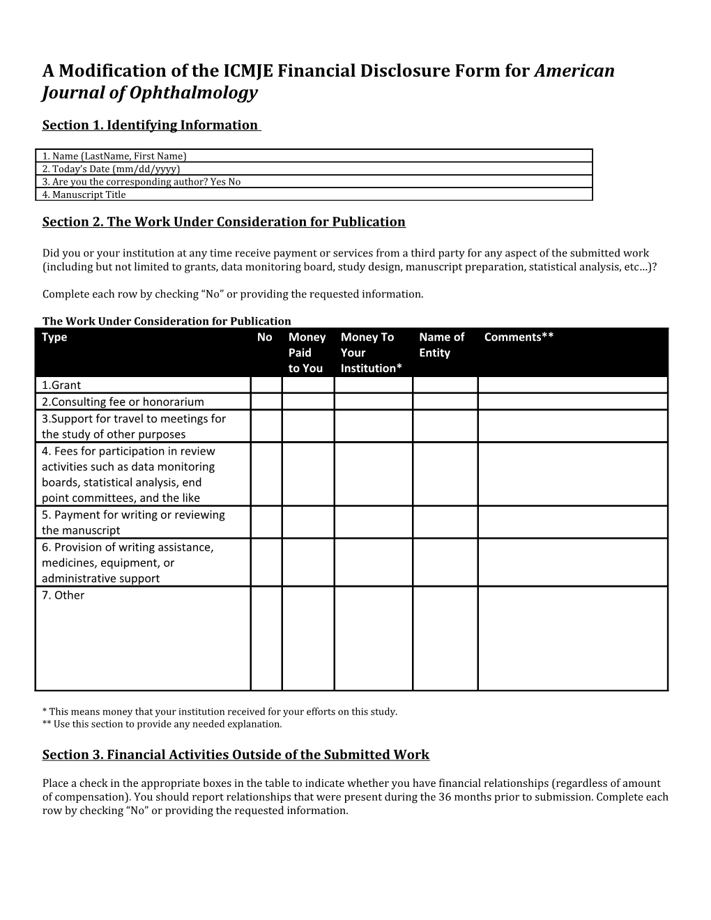 A Modification of the ICMJE Financial Disclosure Form for American Journal of Ophthalmology