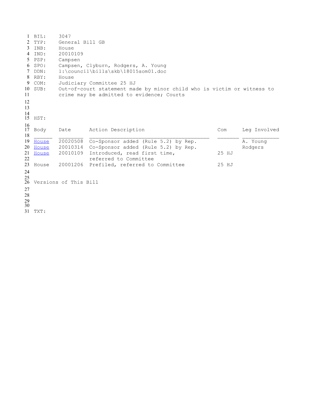 2001-2002 Bill 3047: Out-Of-Court Statement Made by Minor Child Who Is Victim Or Witness