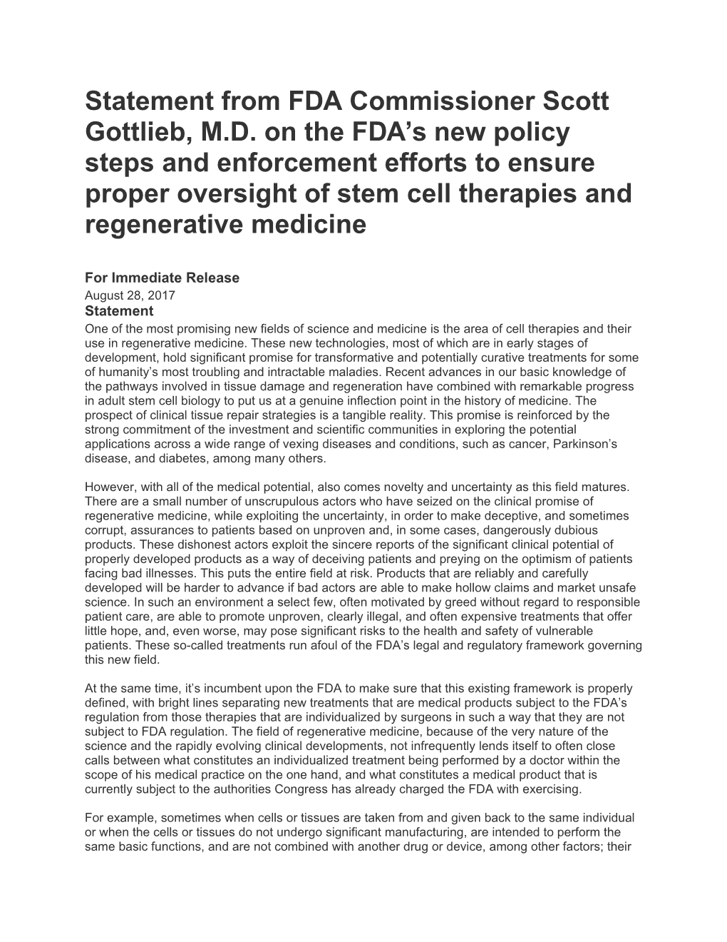 Statement from FDA Commissioner Scott Gottlieb, M.D. on the FDA S New Policy Steps And