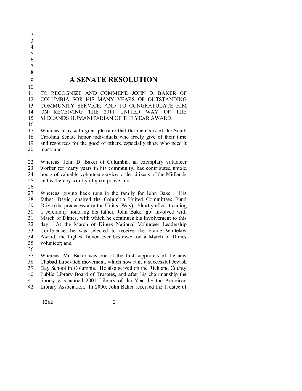 2011-2012 Bill 1262: John D. Baker - South Carolina Legislature Online