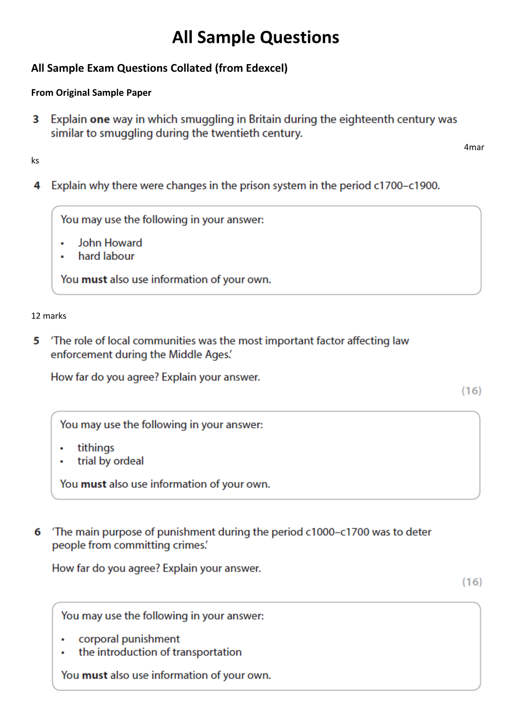 All Sample Exam Questions Collated (From Edexcel)