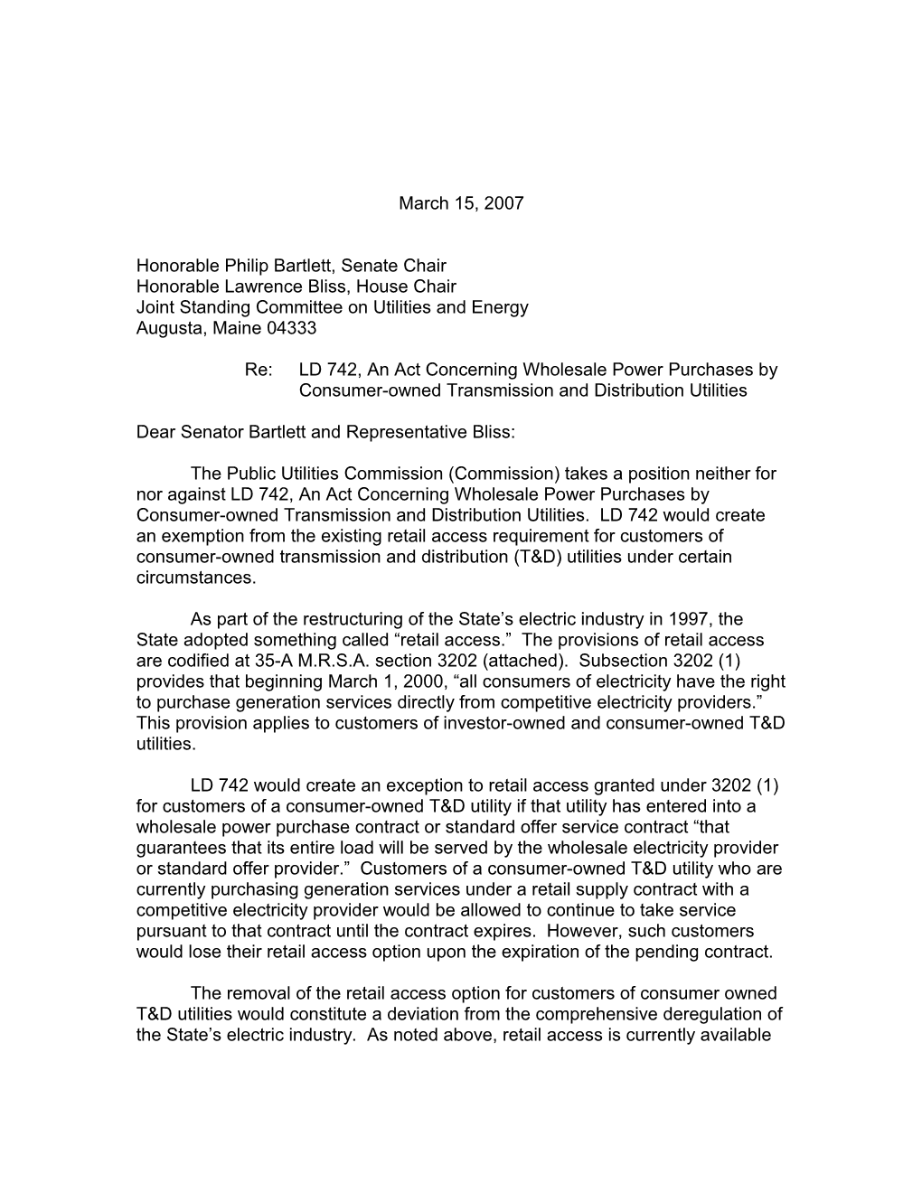 LD 742 Testimony from MPUC 2 March 15, 2007