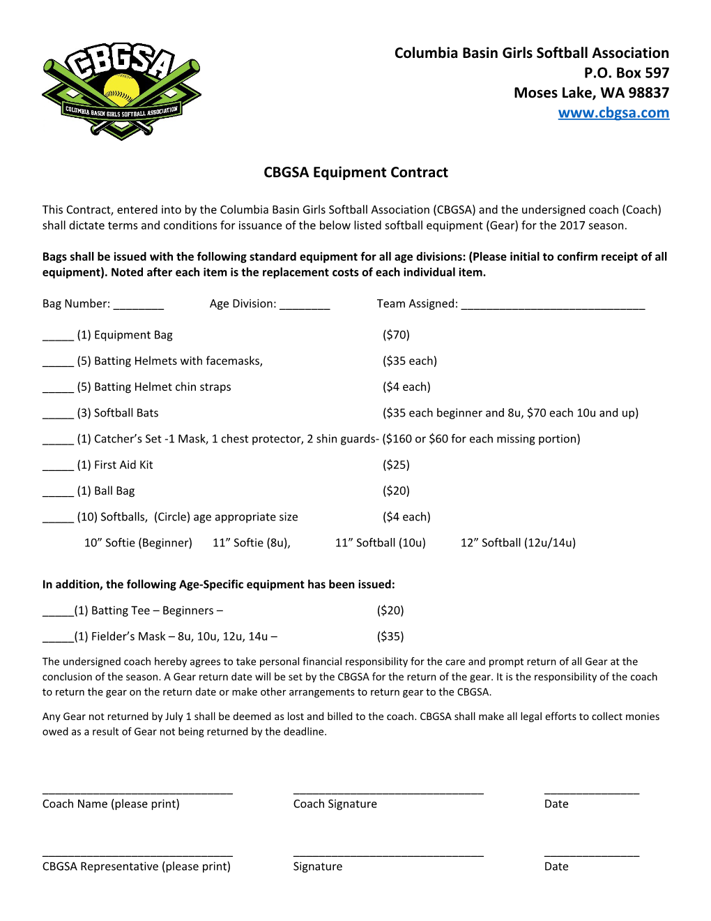 CBGSA Equipment Contract