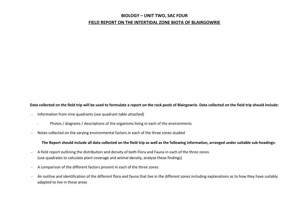 Biology Unit Two, Sac Four Field Report on the Intertidal Zone Biota of Blairgowrie