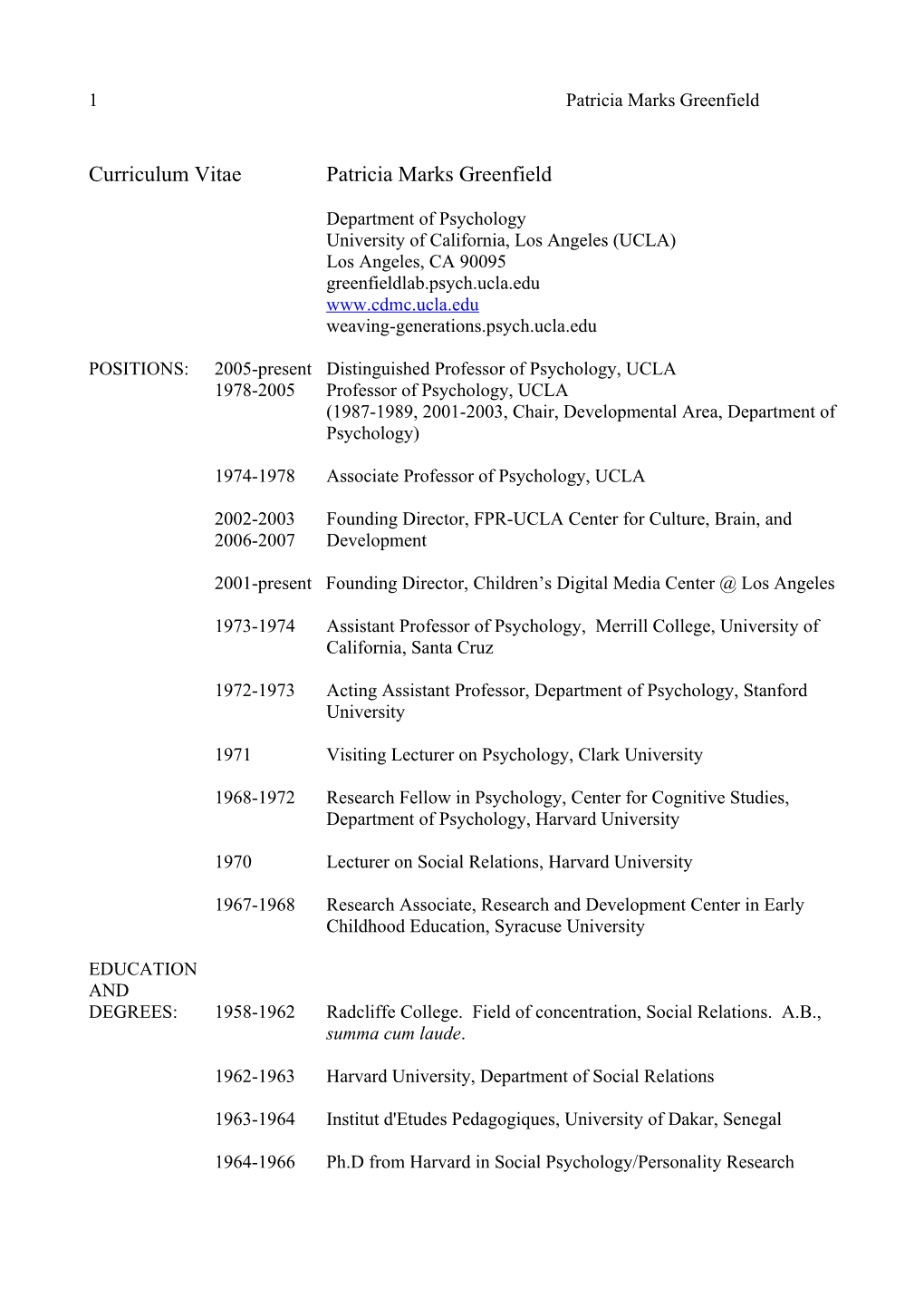 Curriculum Vitae Patricia Marks Greenfield