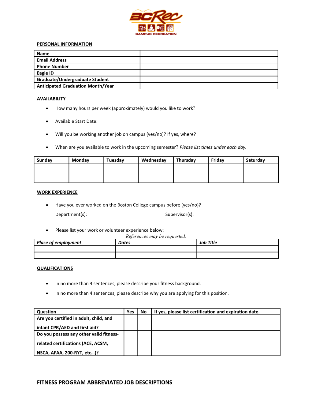 Boston College Pool Staff Application