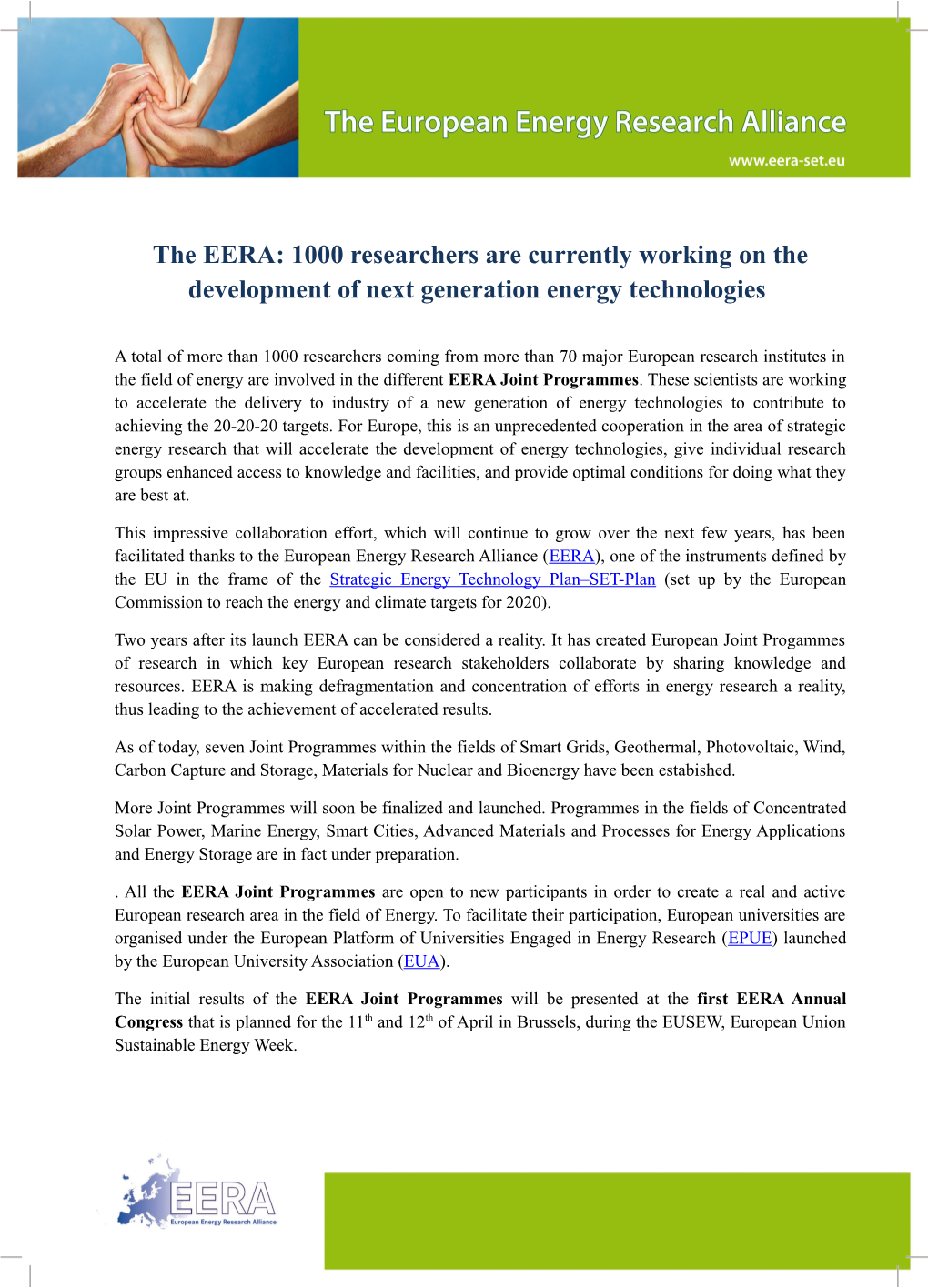 The EERA: 1000 Researchers Are Currently Working on the Development of Next Generationenergy