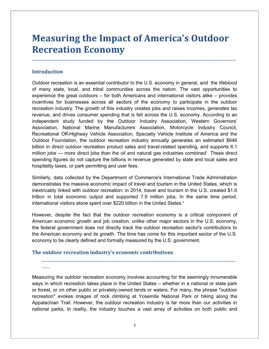 Measuring the Impact of America's Outdoor Recreation Economy ______