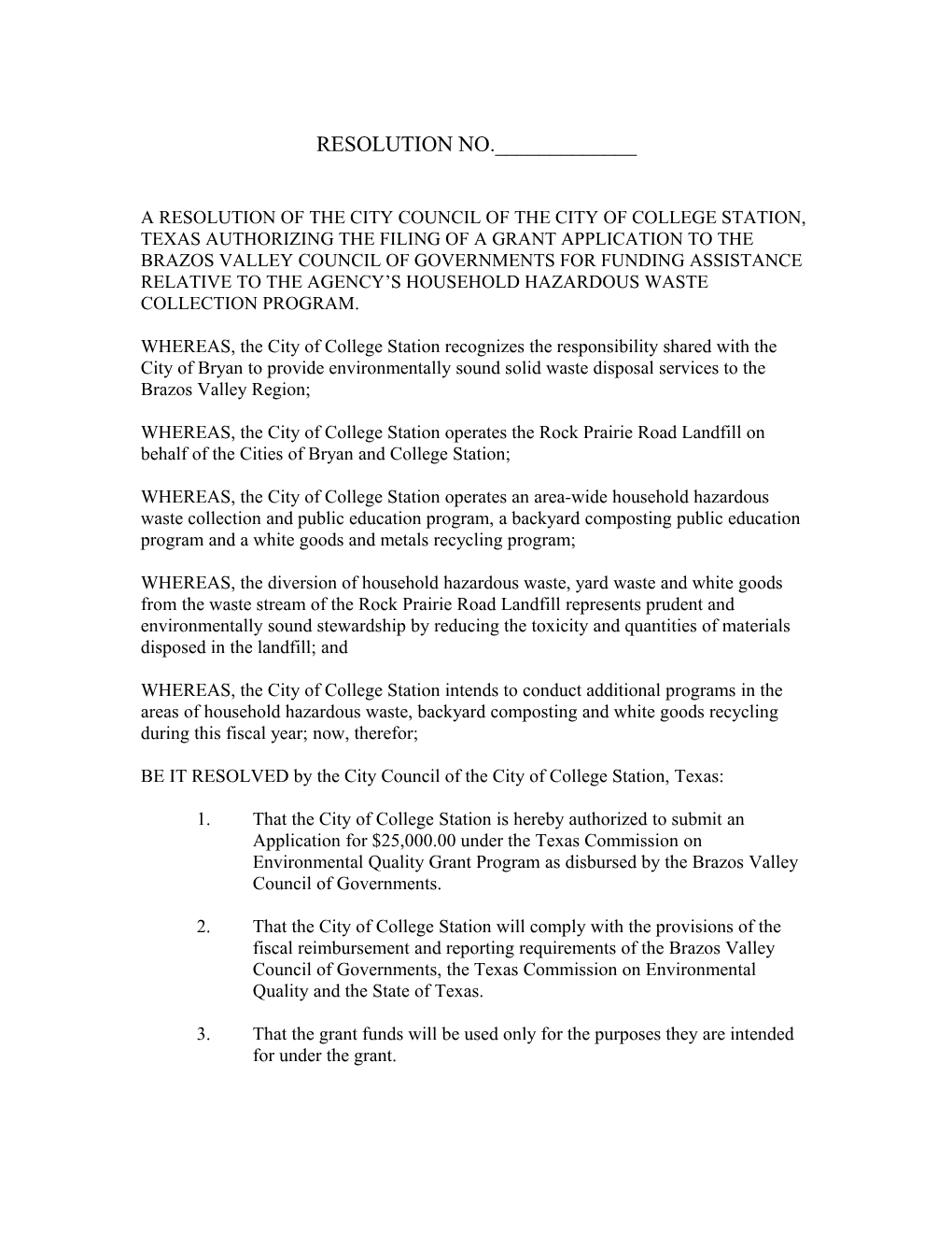 A Resolution of the City Council of the City of College Station, Texas Authorizing The