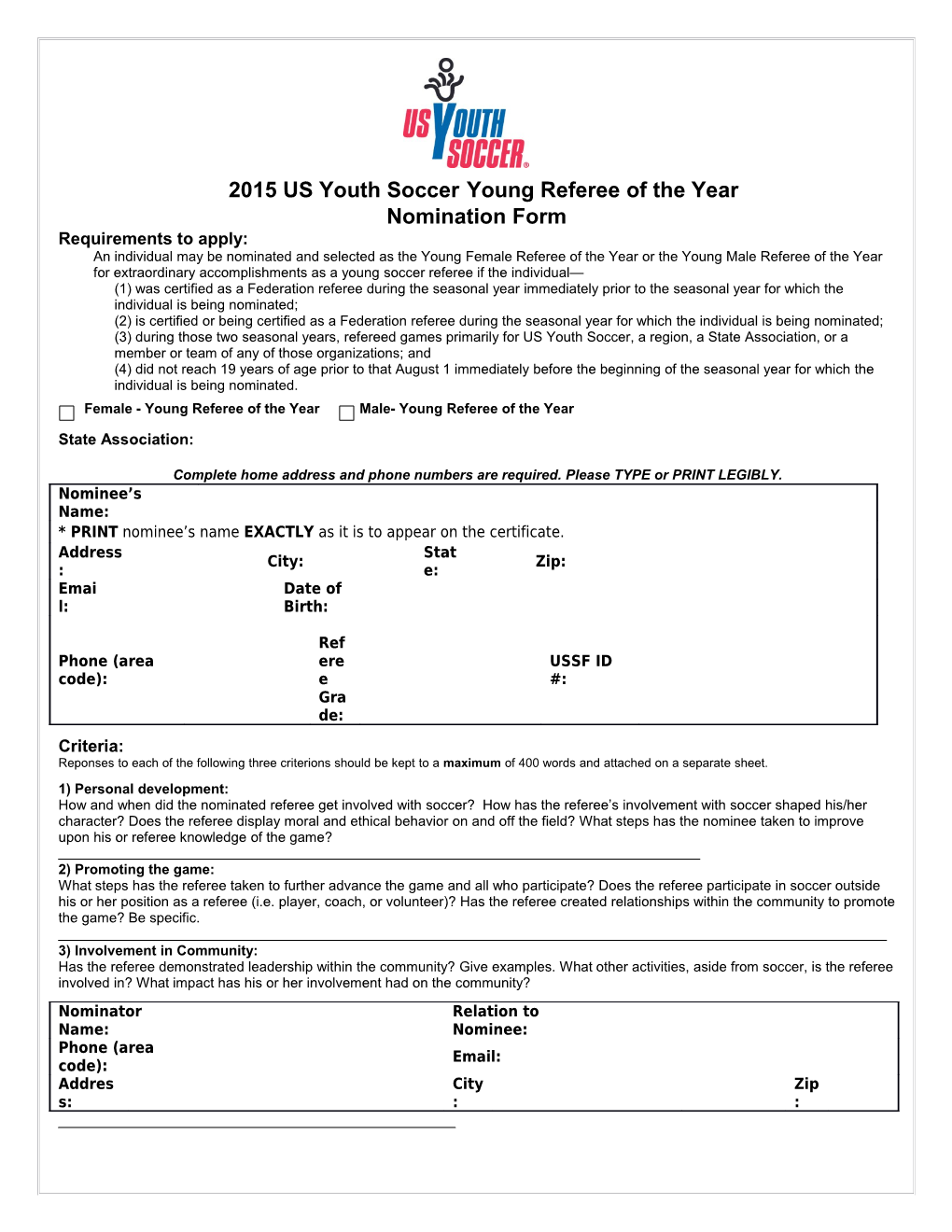 2015 US Youth Socceryoung Referee of the Year
