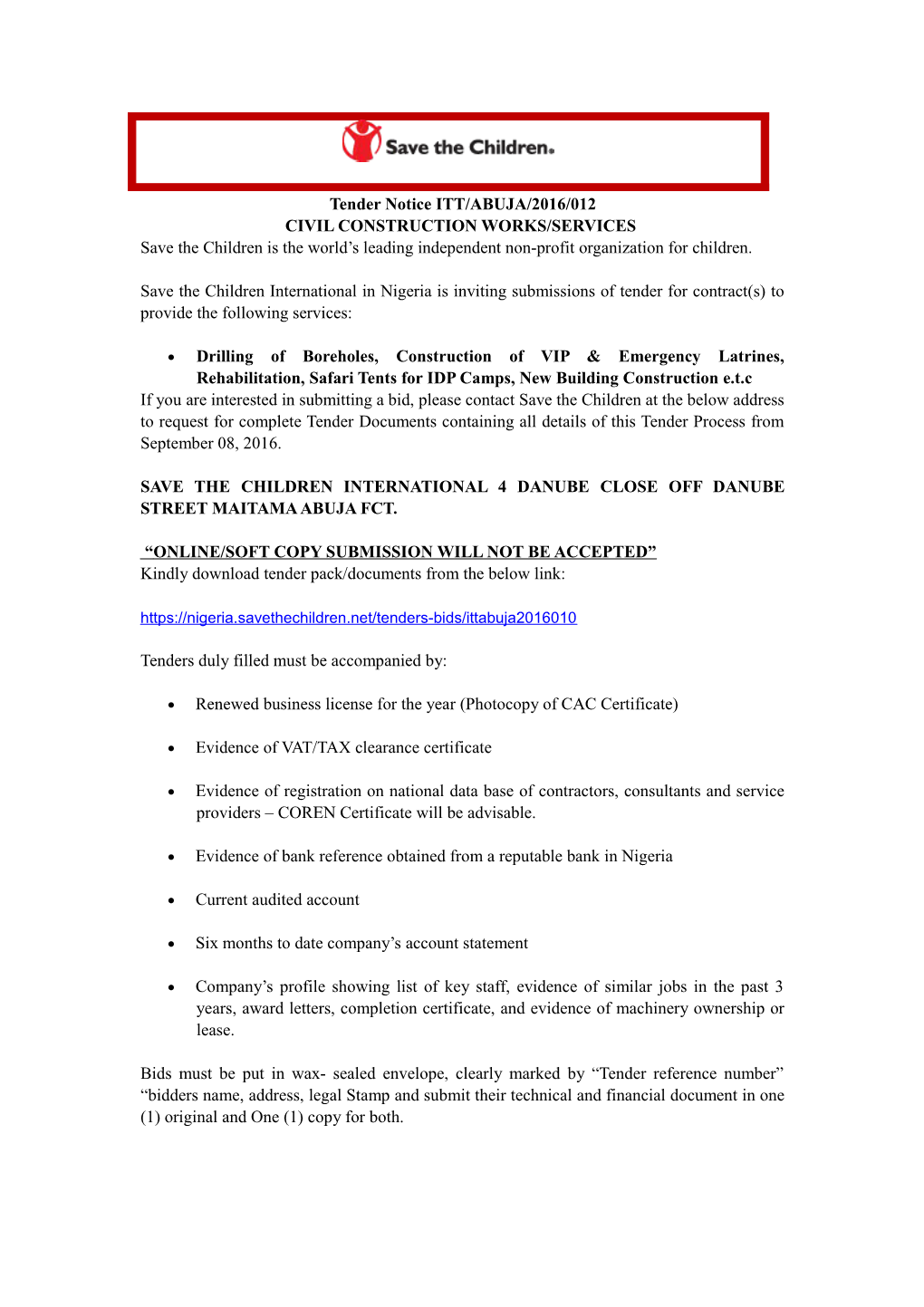 The Save the Children Fund (SCUK) Is Inviting Submissions of Tenders for a Contract To