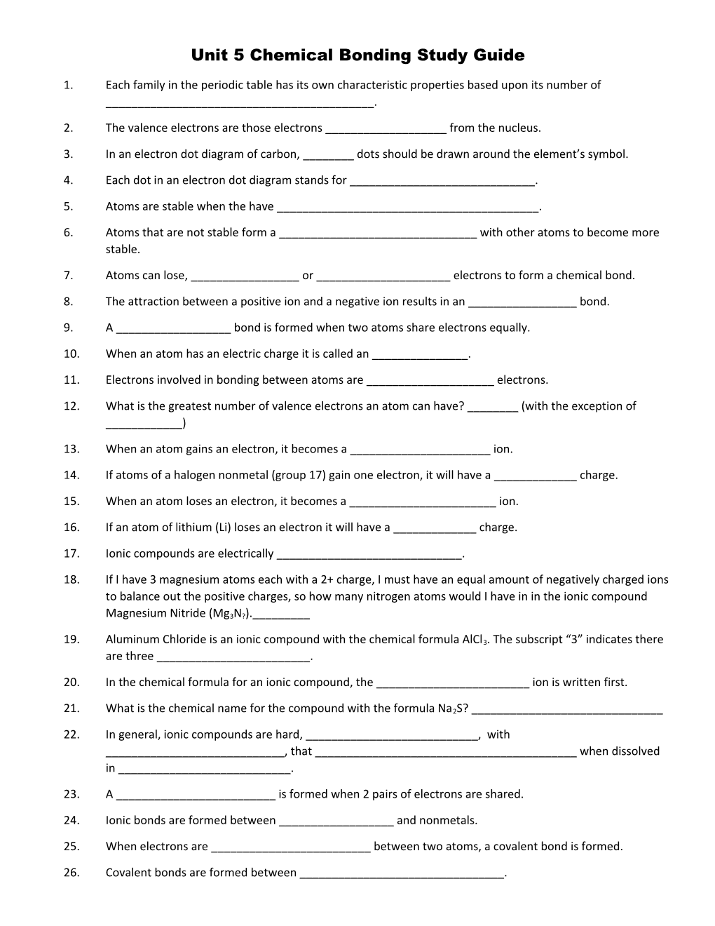 Unit 5 Chemical Bonding Study Guide