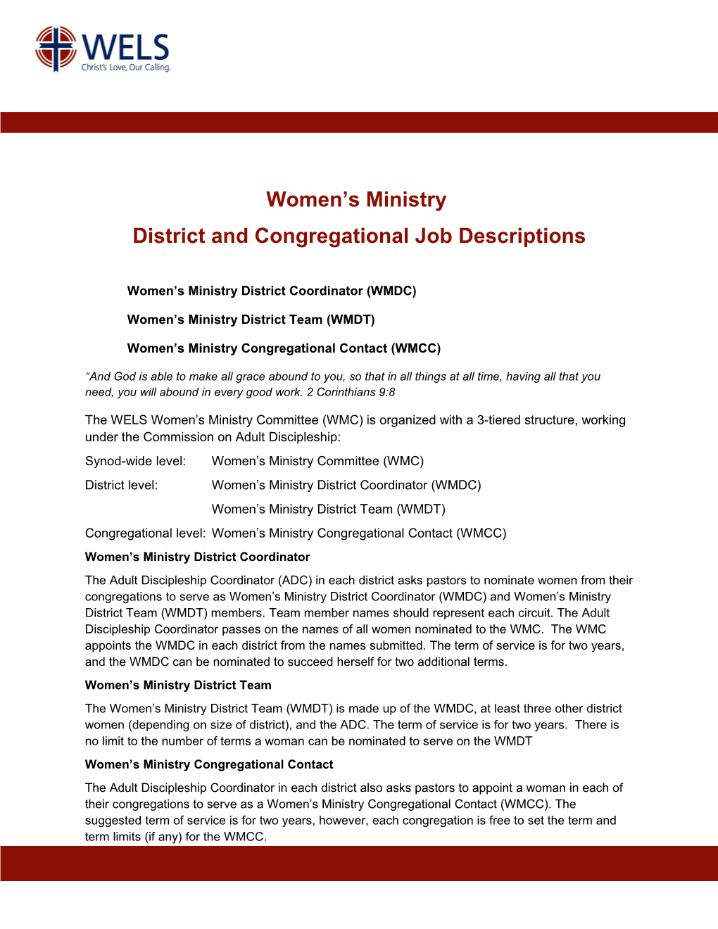 Women S Ministry District Coordinator (WMDC)