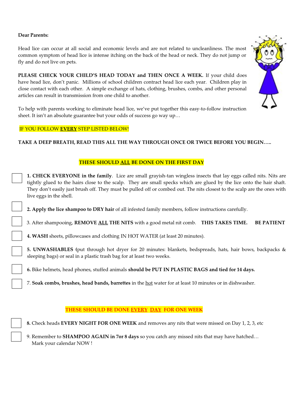 Parent Instruction Sheet For