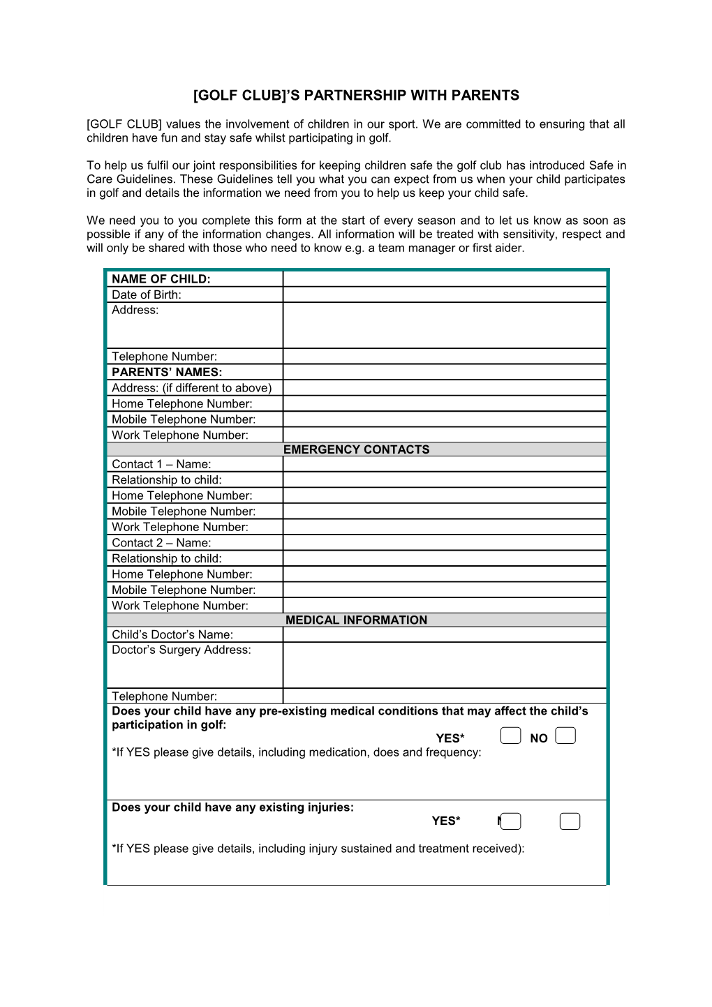 Golf Club S Partnership with Parents