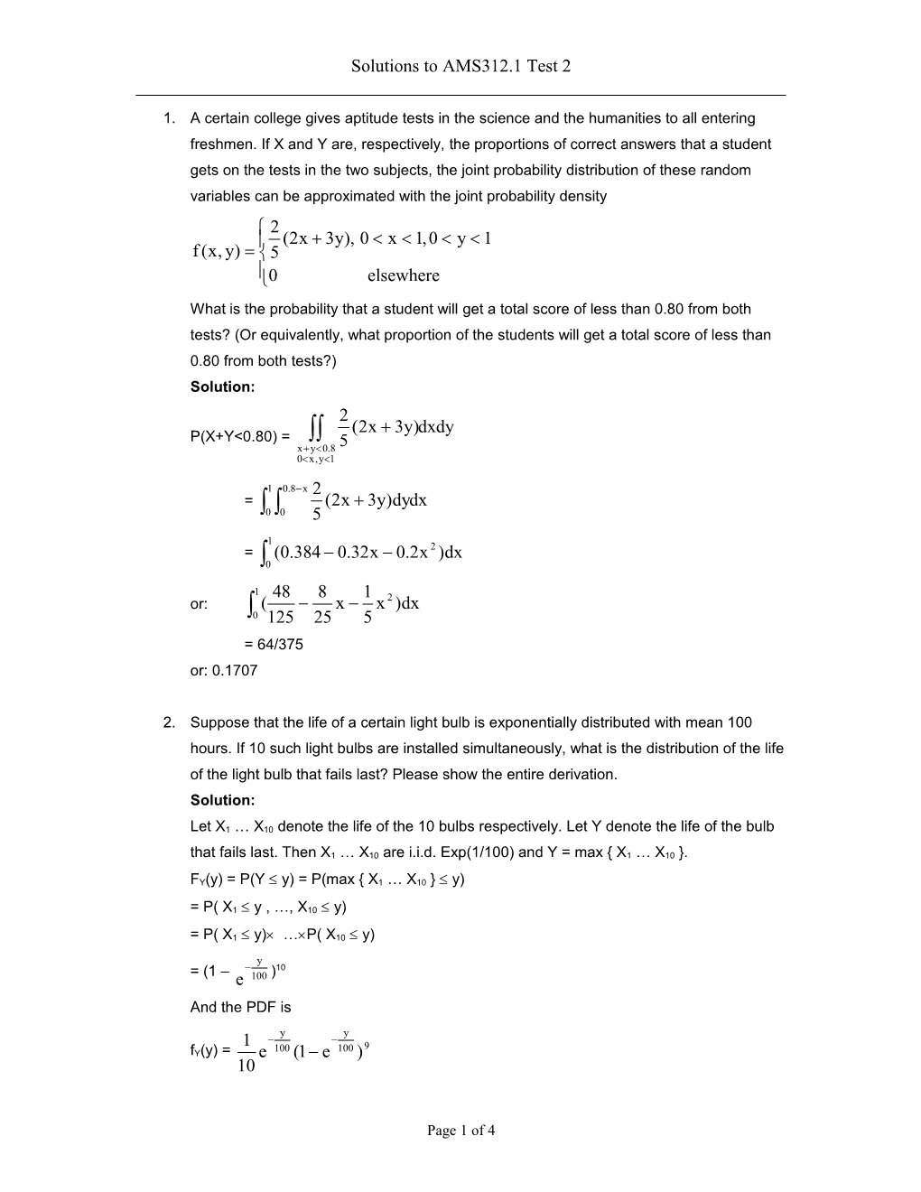 Solutions to AMS312.1 Test 2