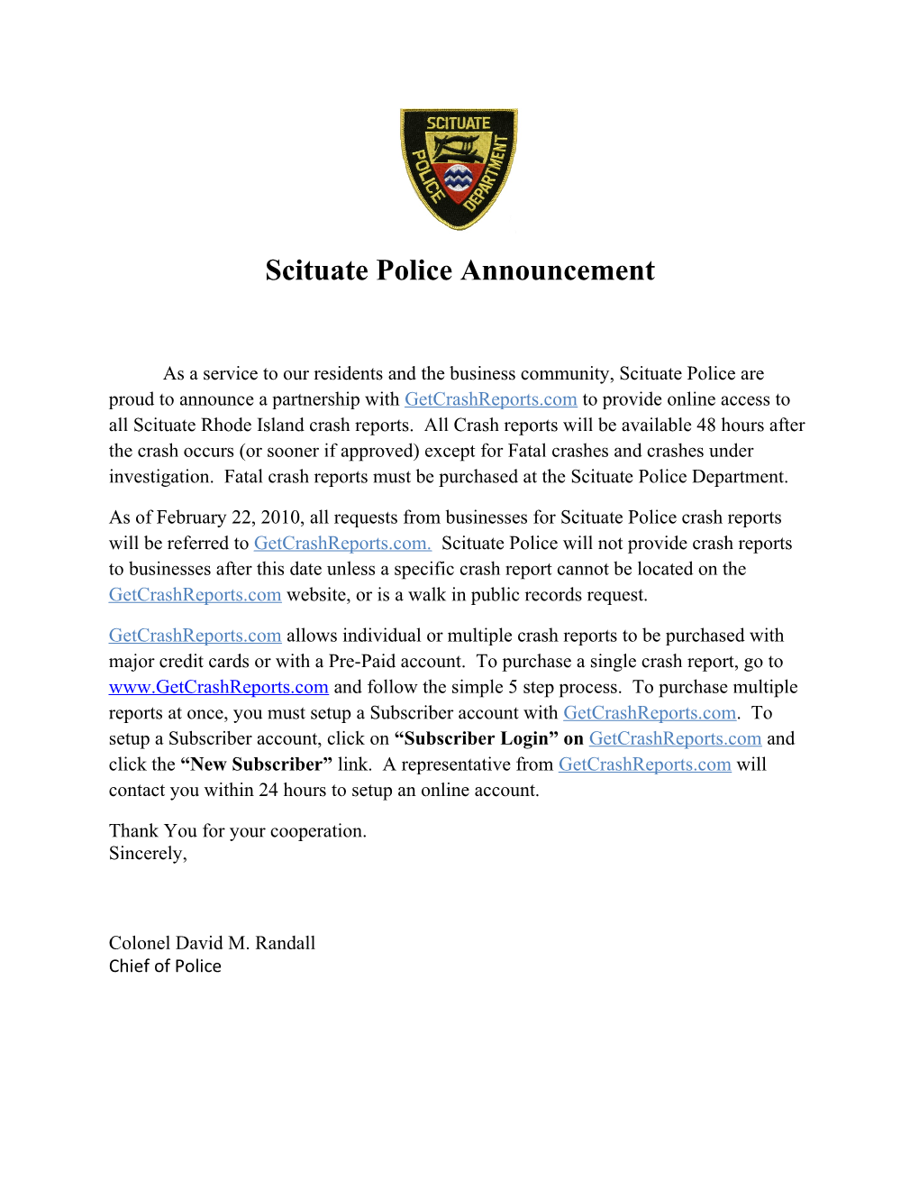 Scituate Police Announcement