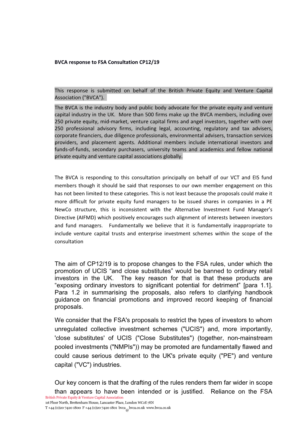 BVCA Response to FSA Consultation CP12/19