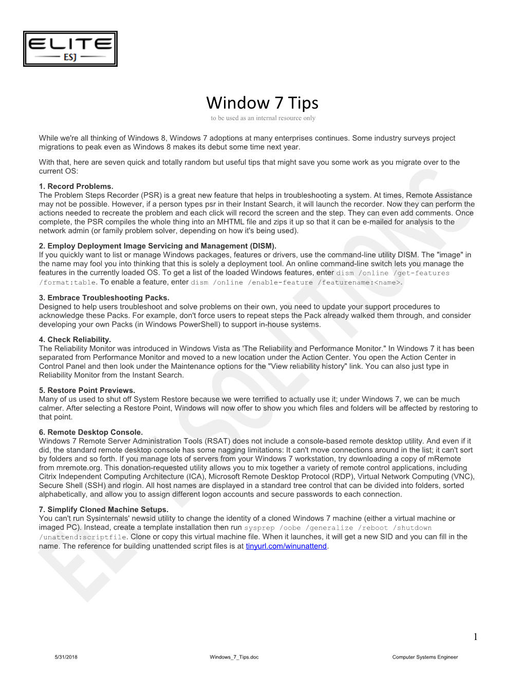 Window 7 Tips to Be Used As an Internal Resource Only