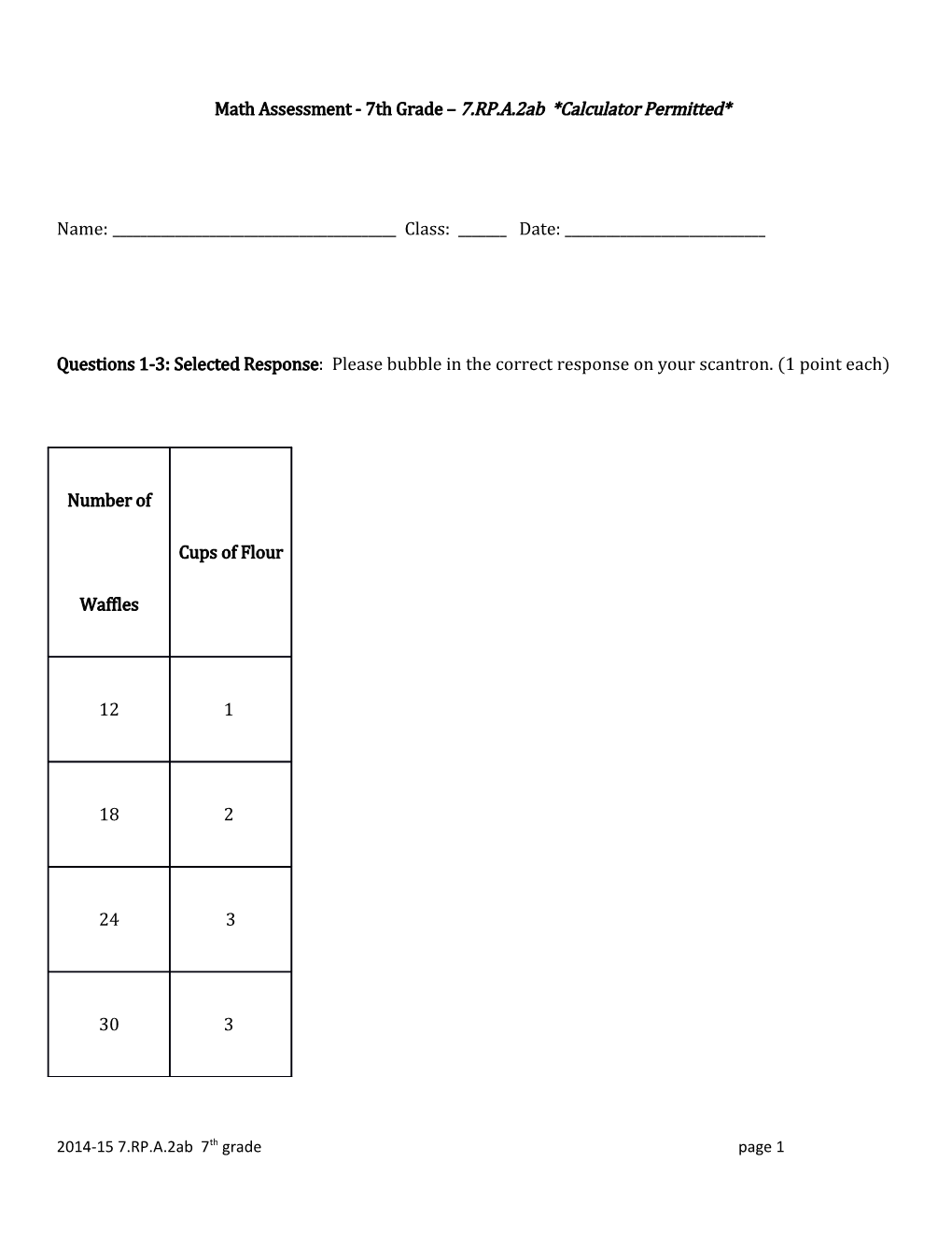 Math Assessment - 7Th Grade 7.RP.A.2Ab *Calculator Permitted*