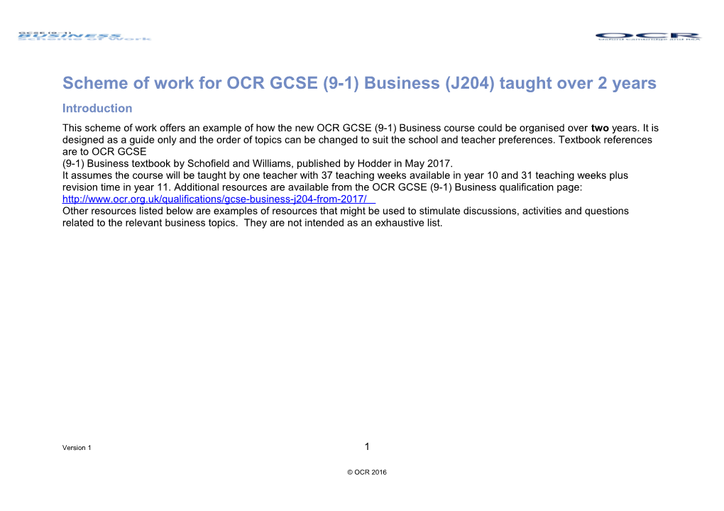 OCR GCSE (9-1) Business (J204) Scheme of Work Taught Over 2 Years