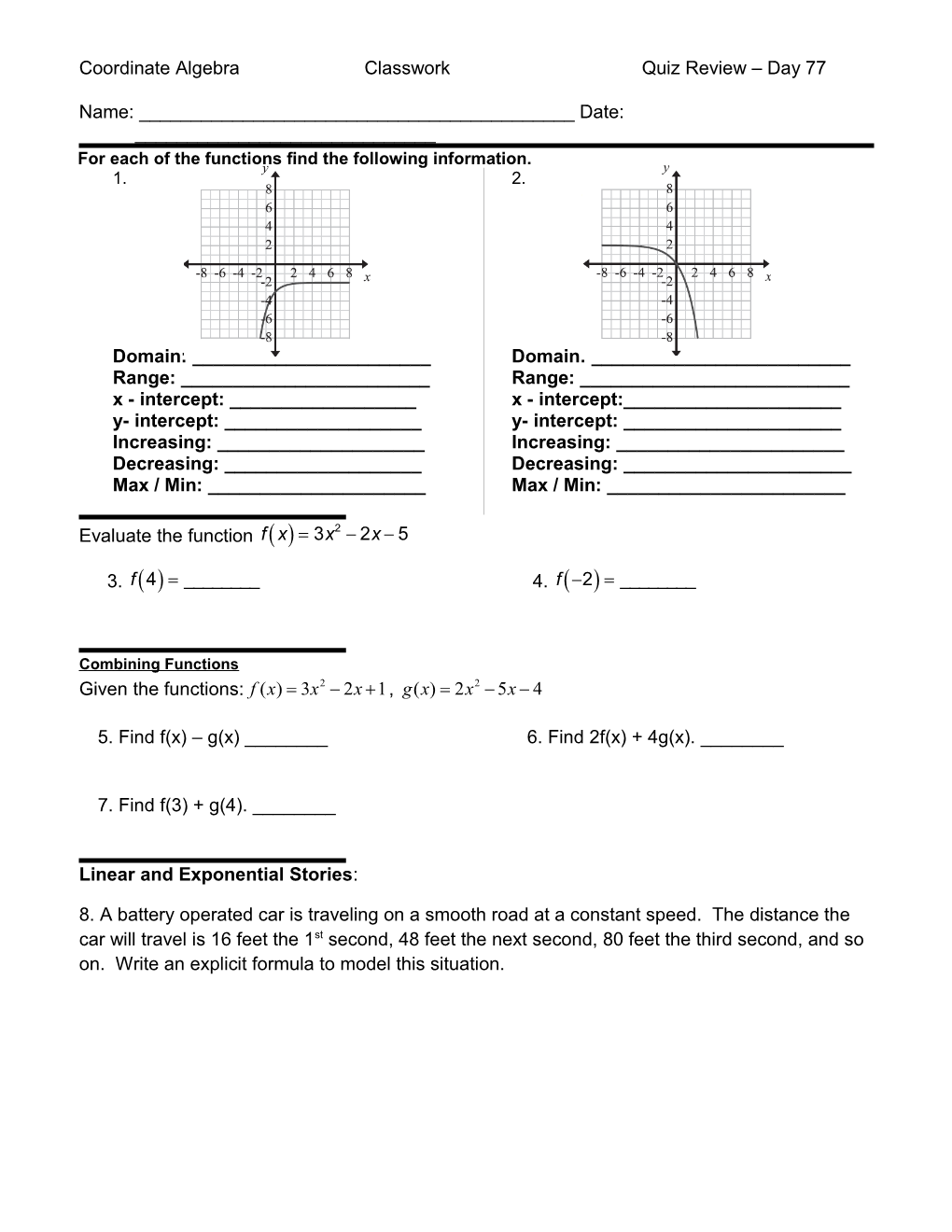 CC Coordinate Algebra Unit 3A Linear and Exponential Equations Test Review