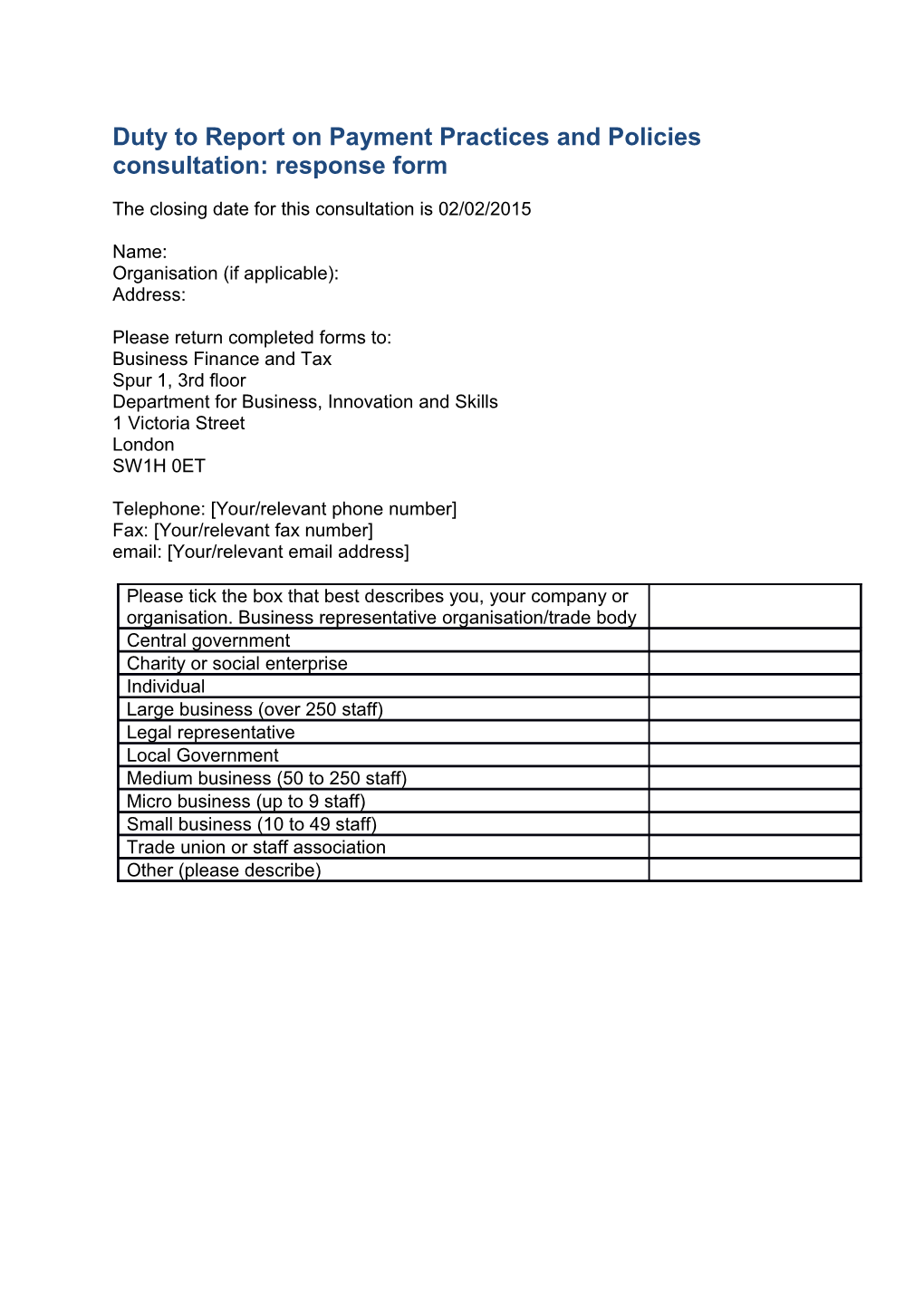 Duty to Report on Payment Practices and Policies Consultation: Response Form