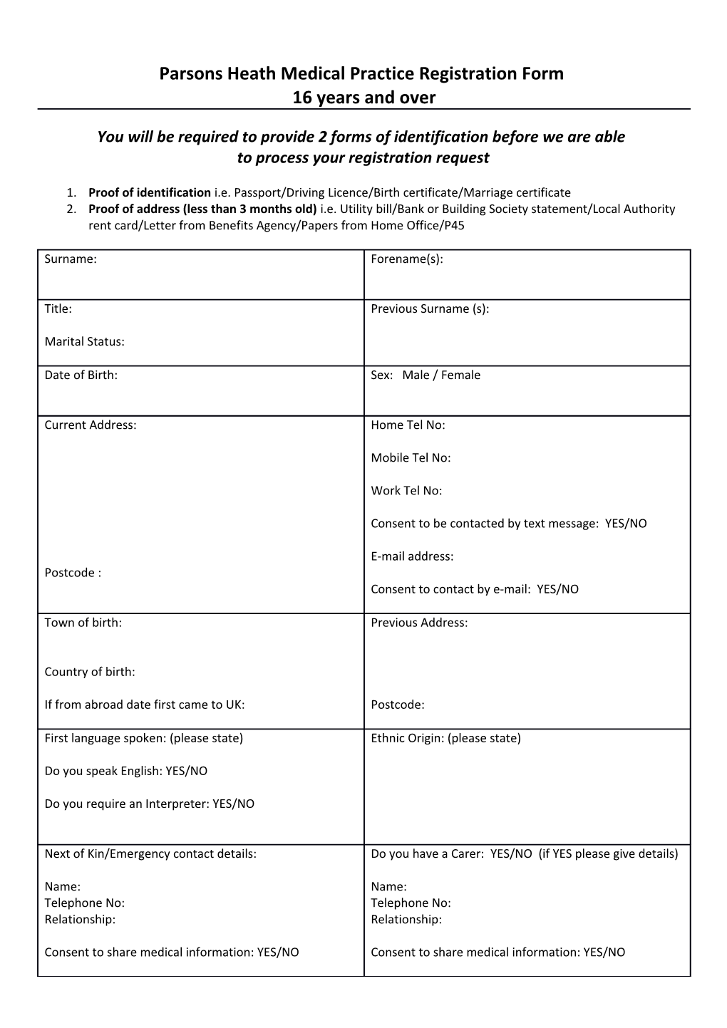 Parsons Heath Medical Practice Registration Form
