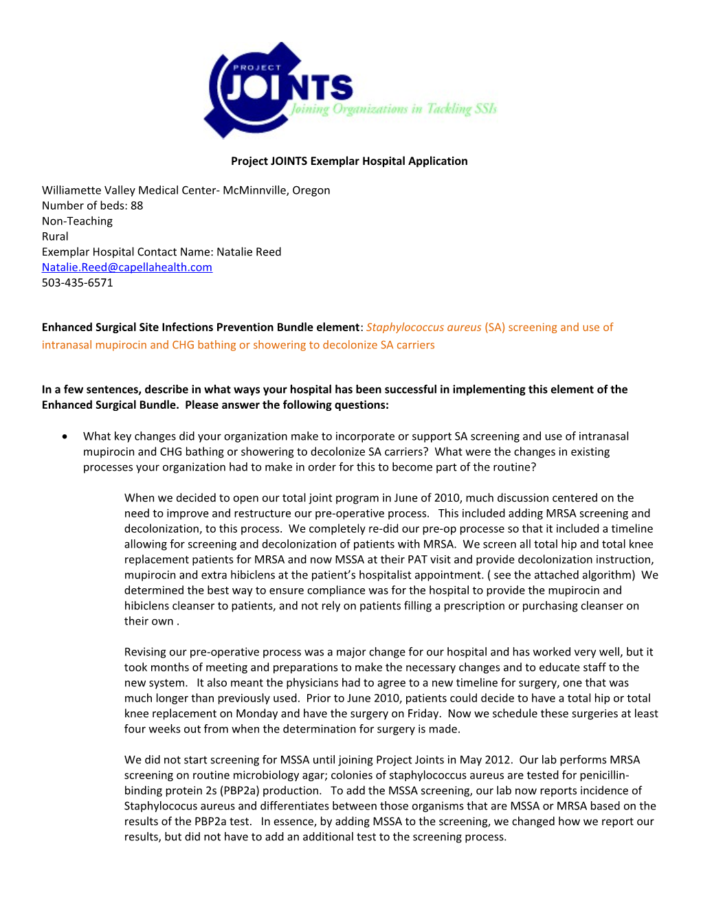 Project JOINTS Exemplar Hospital Application s2