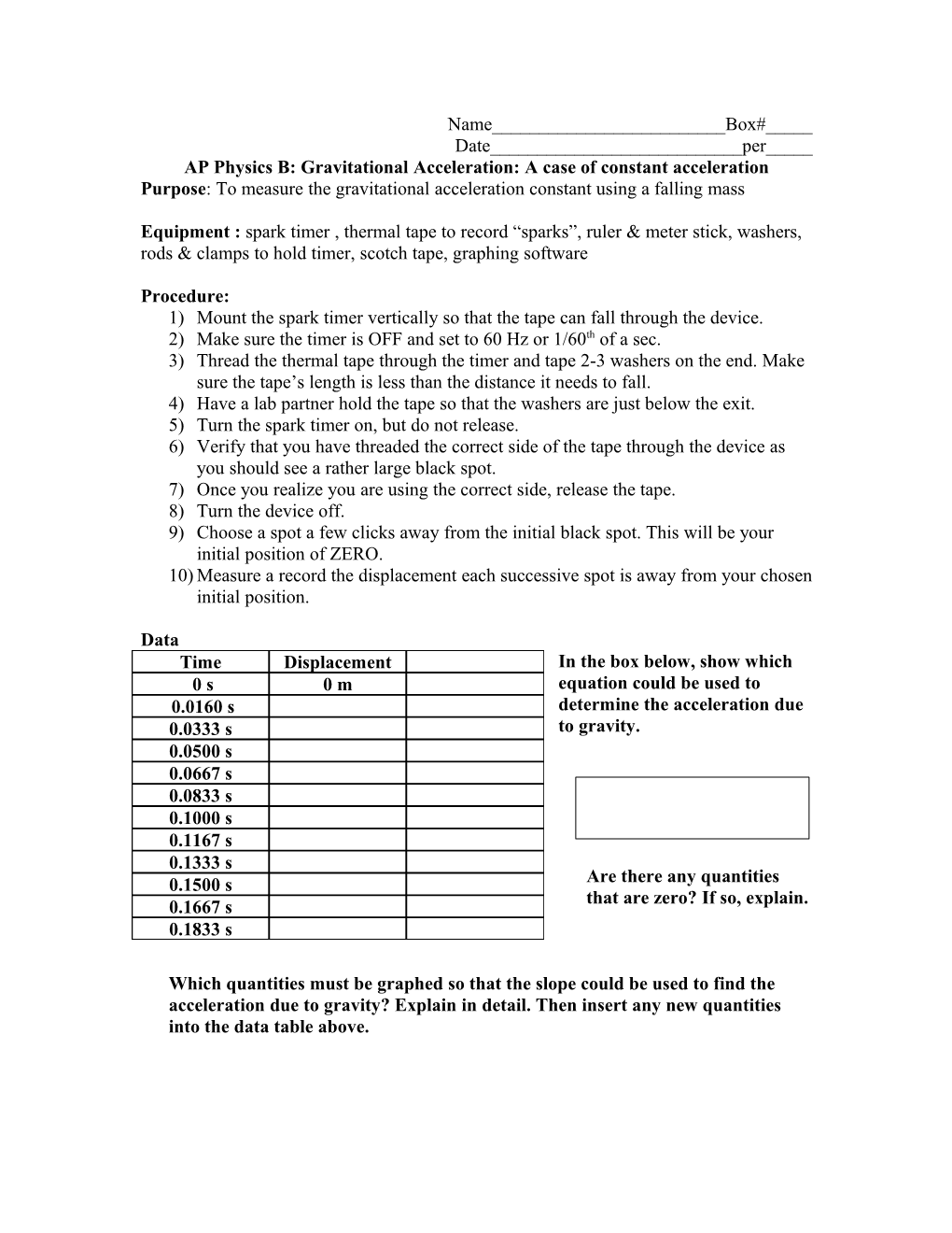 AP Physics B: Gravitational Acceleration: a Case of Constant Acceleration