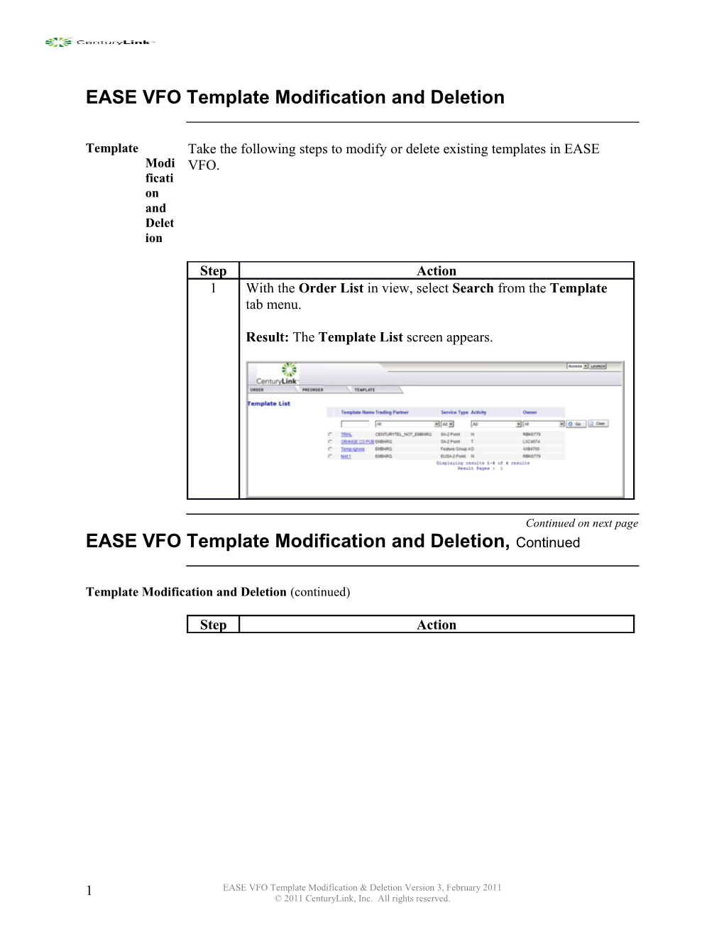 EASE VFO Templatemodification and Deletion