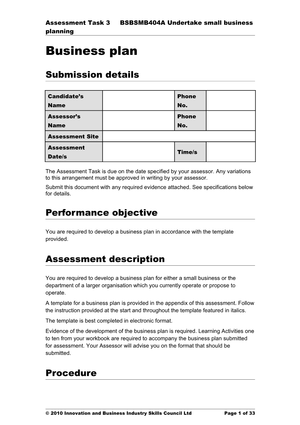 Assessment Task 3 BSBSMB404A Undertake Small Business Planning