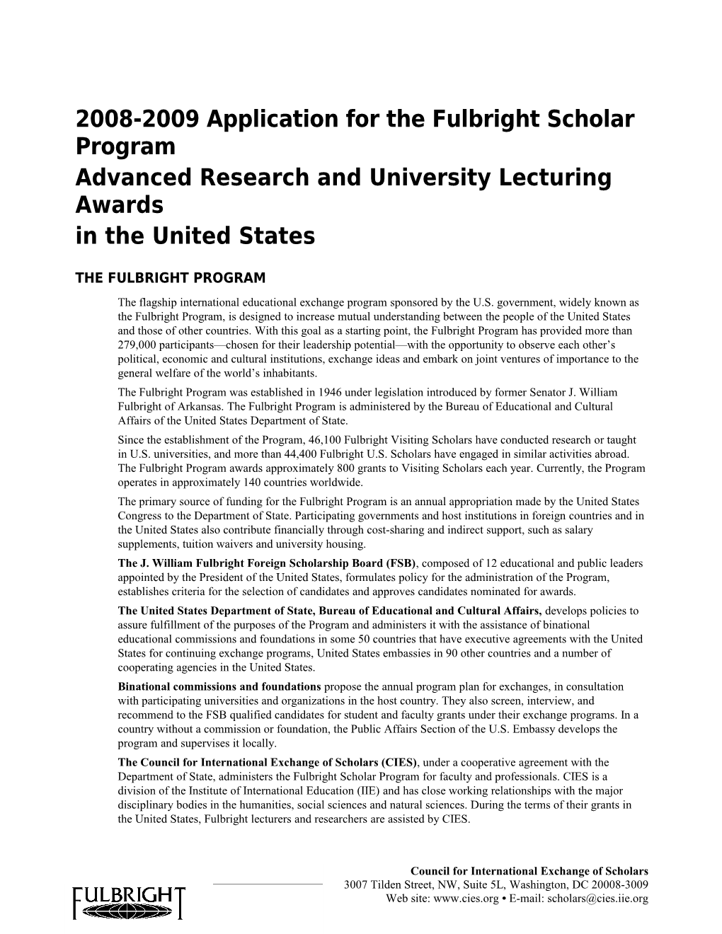 2008-2009 Application for the Fulbright Scholar Program