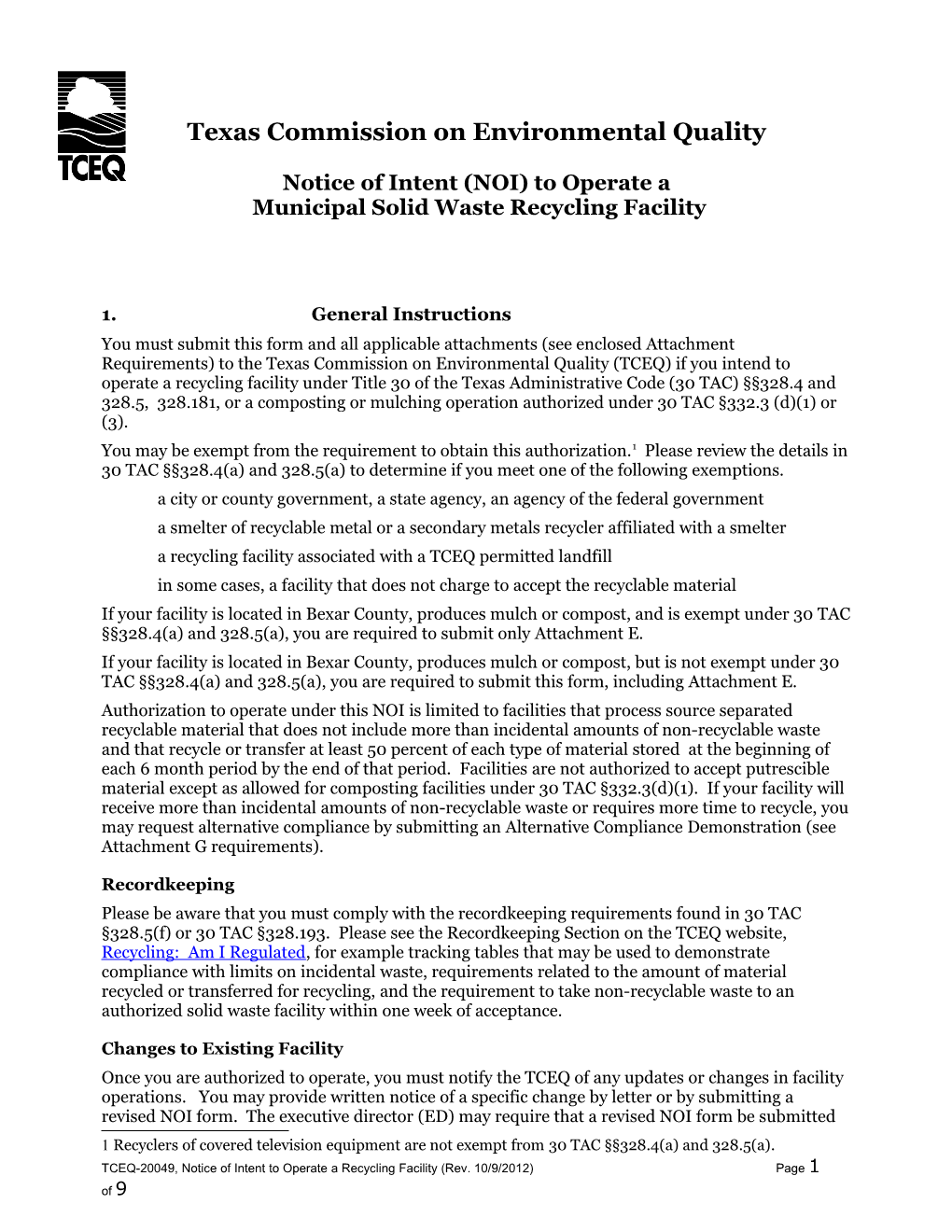 Notice of Intent (NOI) to Operate a Recycling Facility Under 30 TAC Sections 328.4 and 328.5