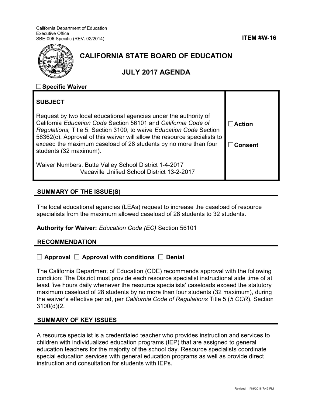 July 2017 Waiver Item W-16 - Meeting Agendas (CA State Board of Education)