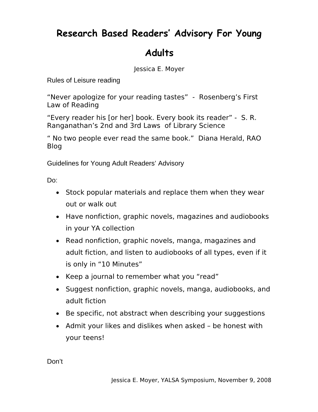 Research Based Readers Advisory for Young Adults