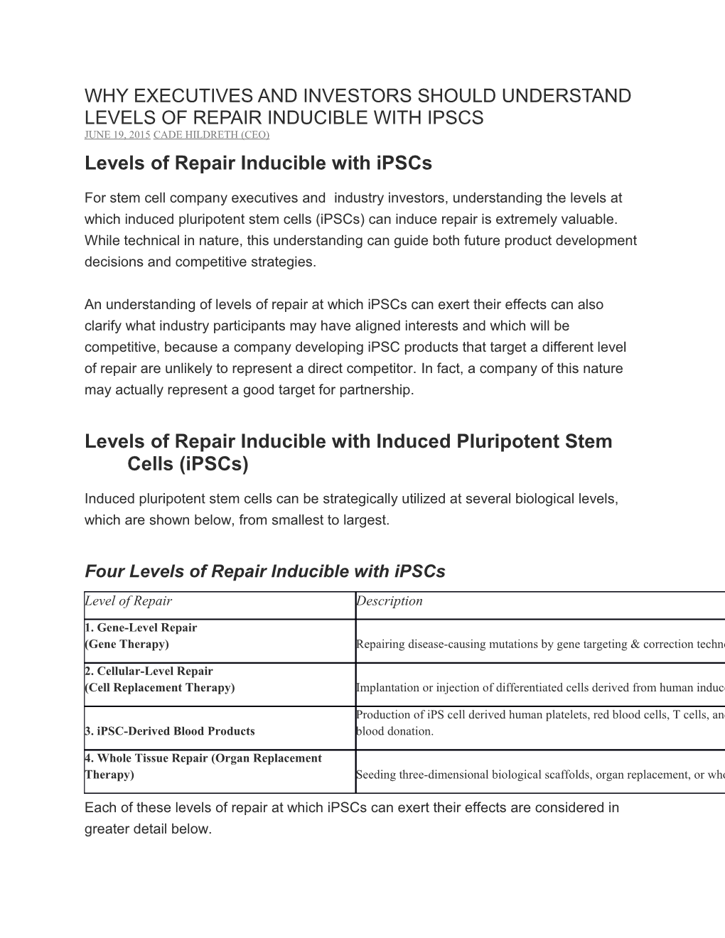 Why Executives and Investors Should Understand Levels of Repair Inducible with Ipscs