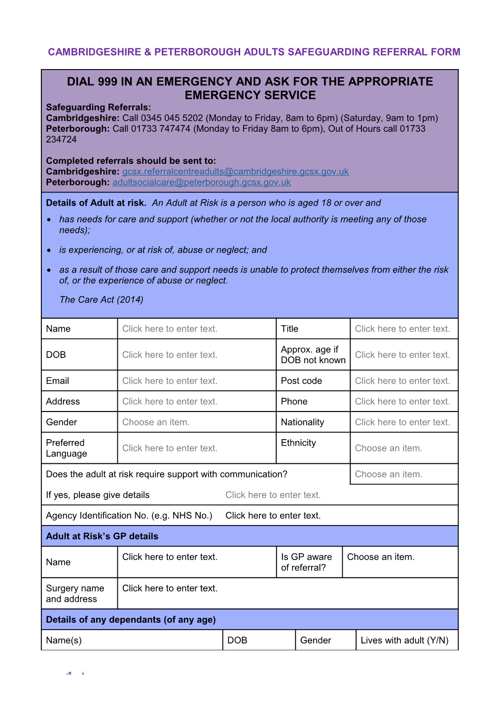 Cambridgeshire & Peterborough Adults Safeguarding Referral Form