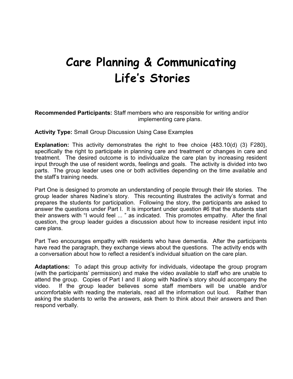 Care Planning & Communicating Life S Stories