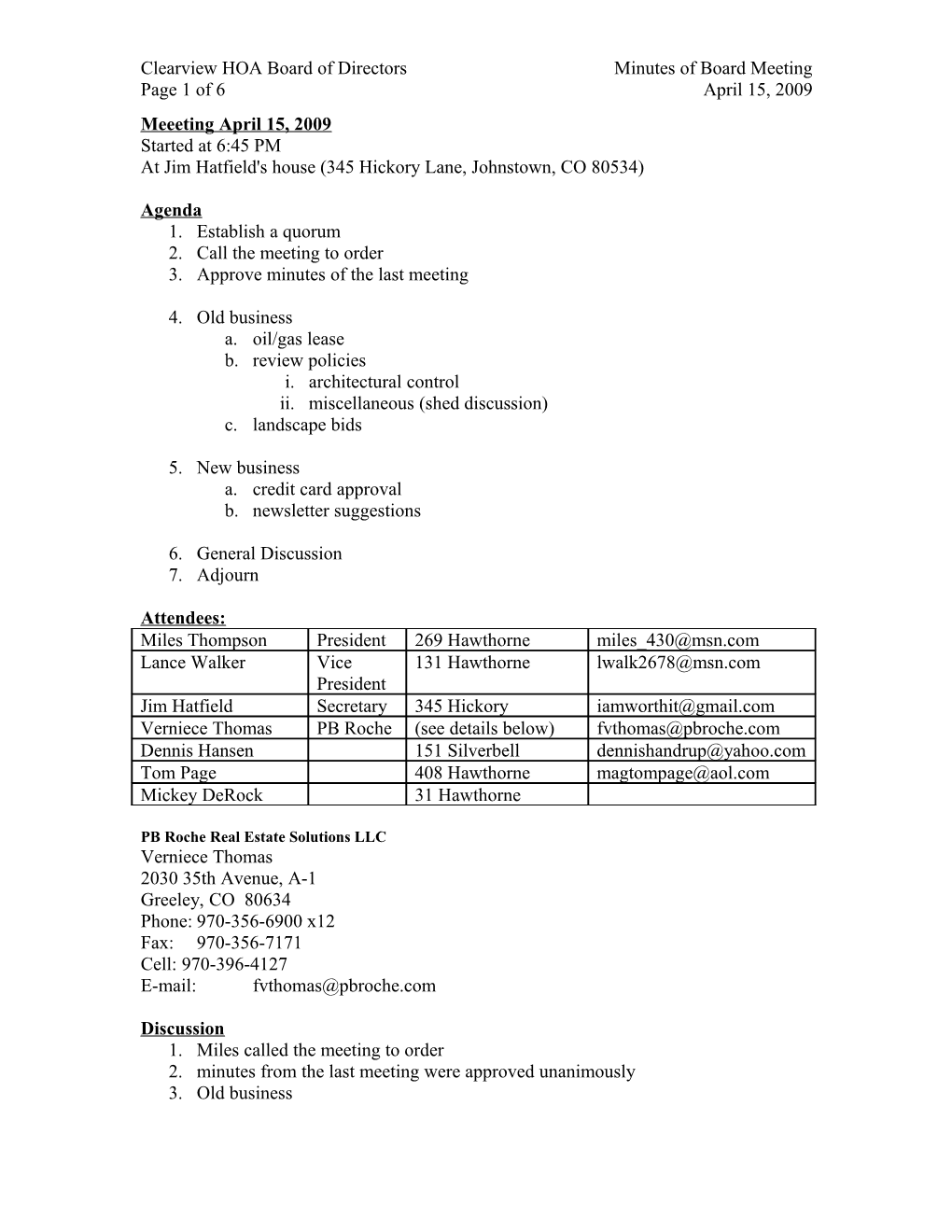 Clearview HOA Board of Directors Minutes of Board Meeting