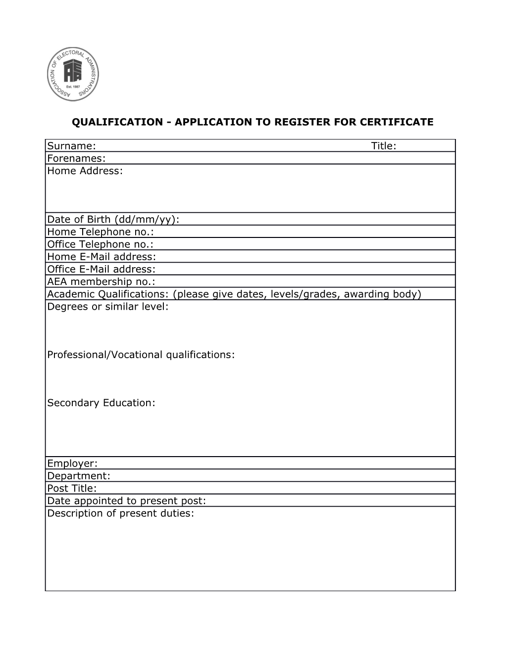 Qualification - Application to Register for Certificate