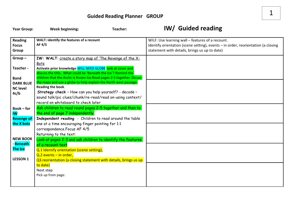 Year Group: Week Beginning: Teacher: IW/ Guided Reading