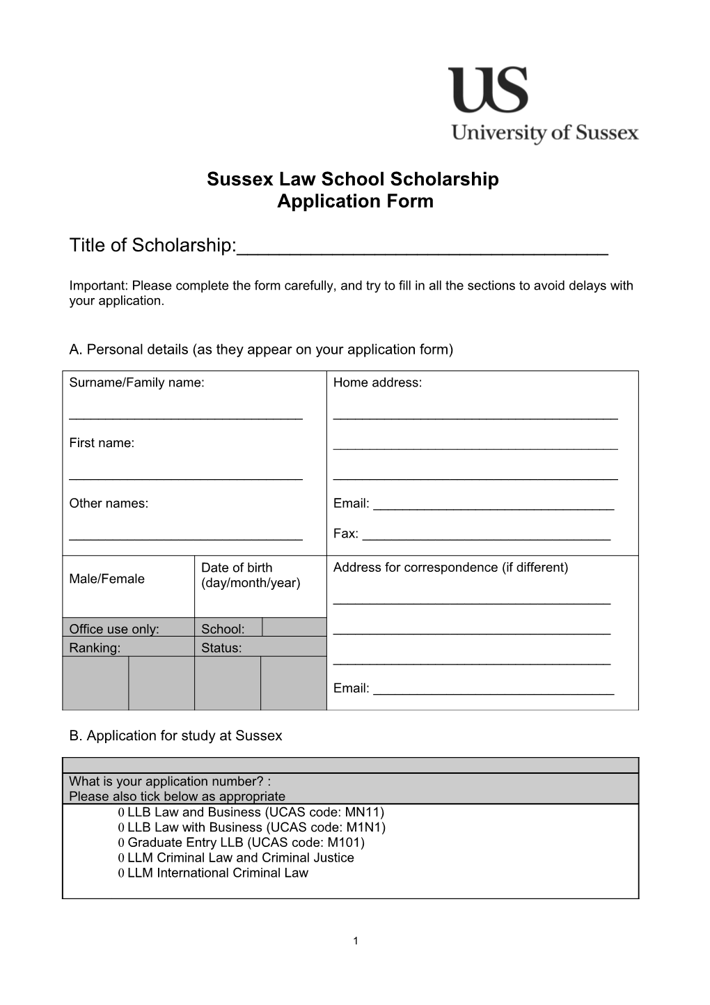 Application Form for Mandela Scholarship