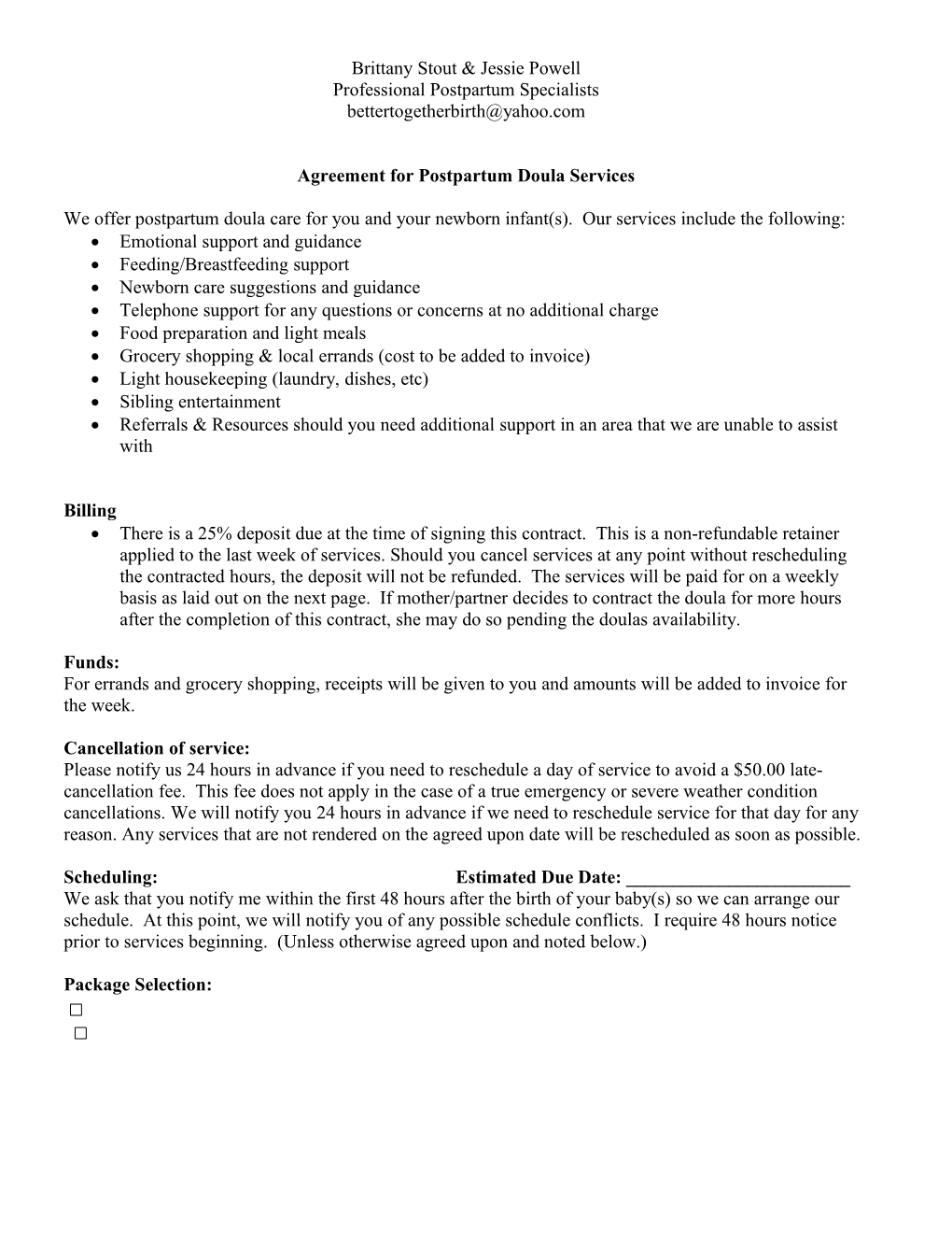 Agreement for Postpartum Doula Services