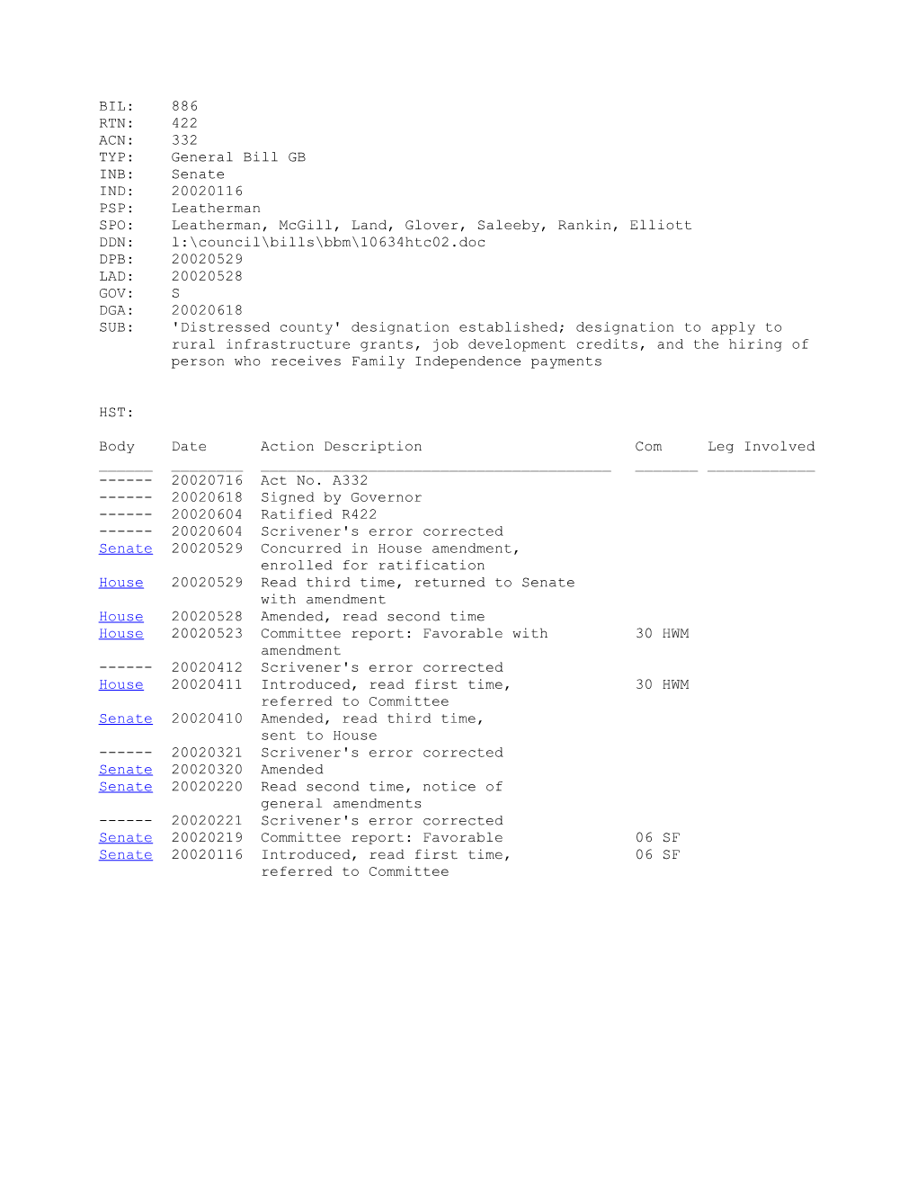 2001-2002 Bill 886: 'Distressed County' Designation Established; Designation to Apply To