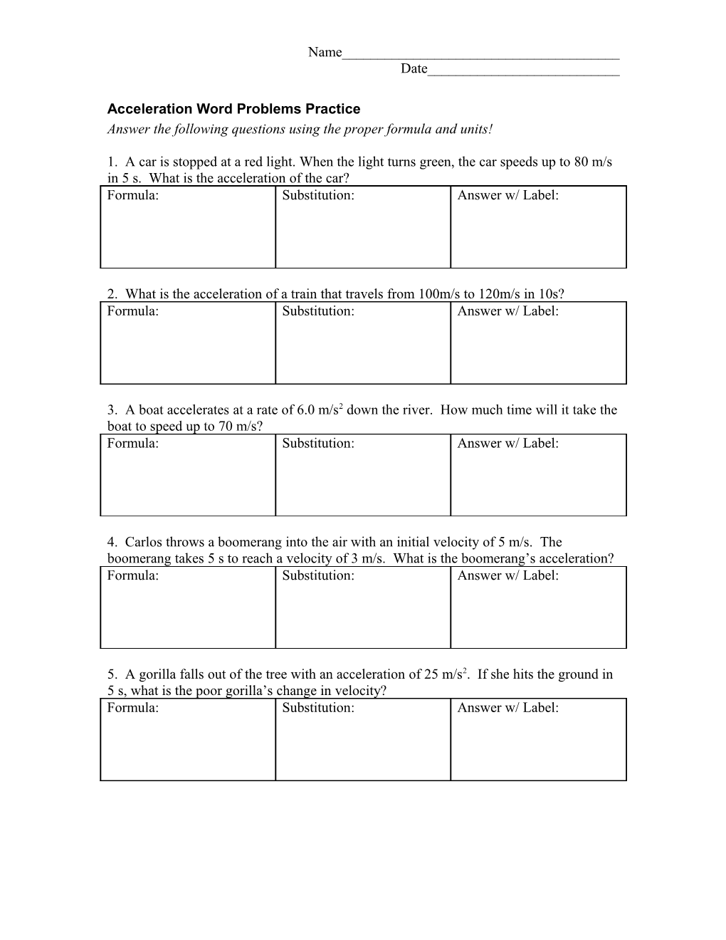 Acceleration Word Problems Practice