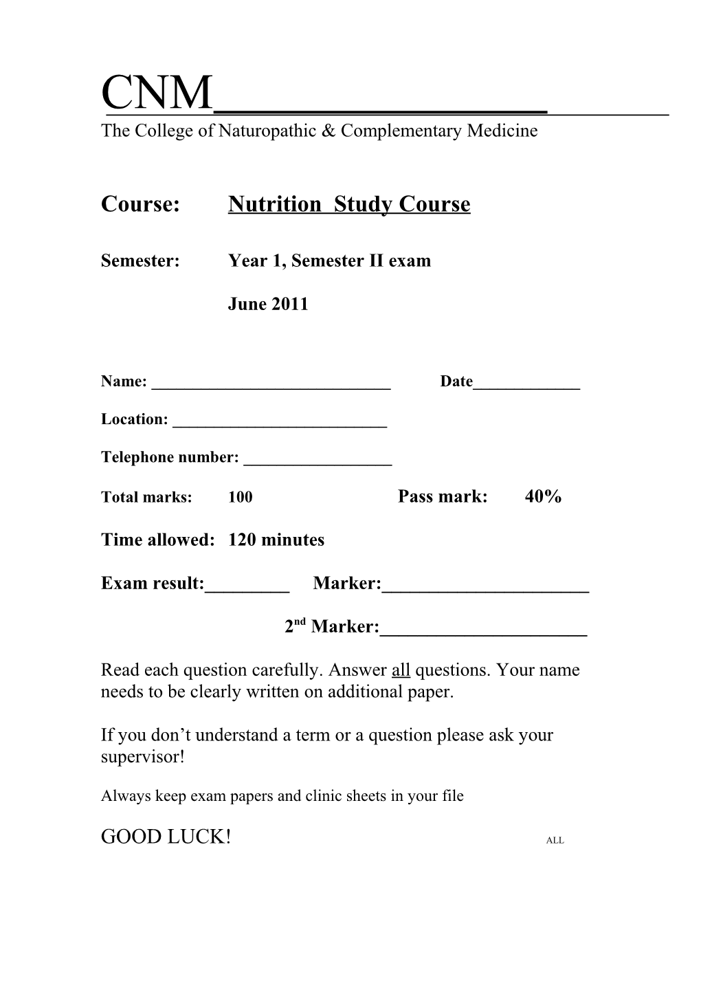Nutrition Year 1, Semester 1, Repeat Exam, 2008