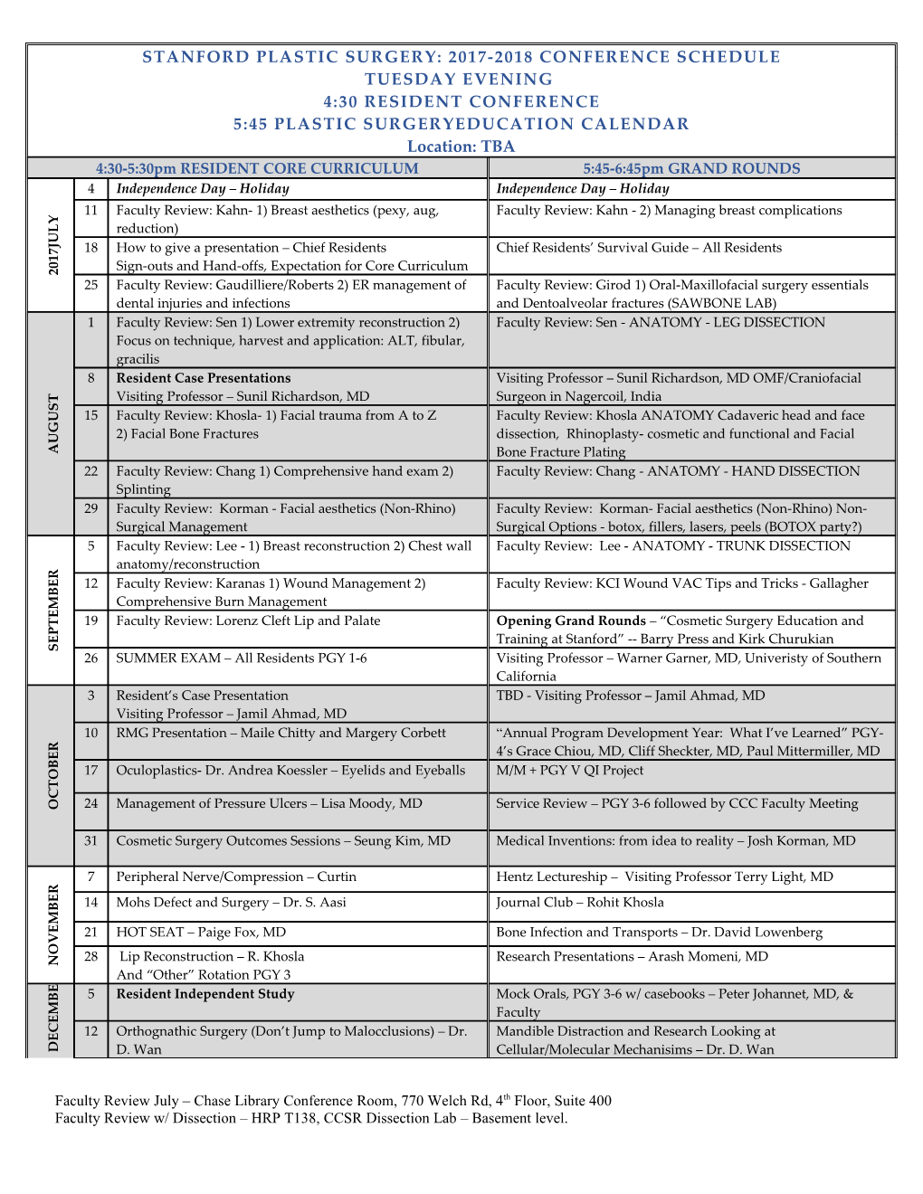 Stanford Plastic Surgery: 2007-2008 Conference Schedule