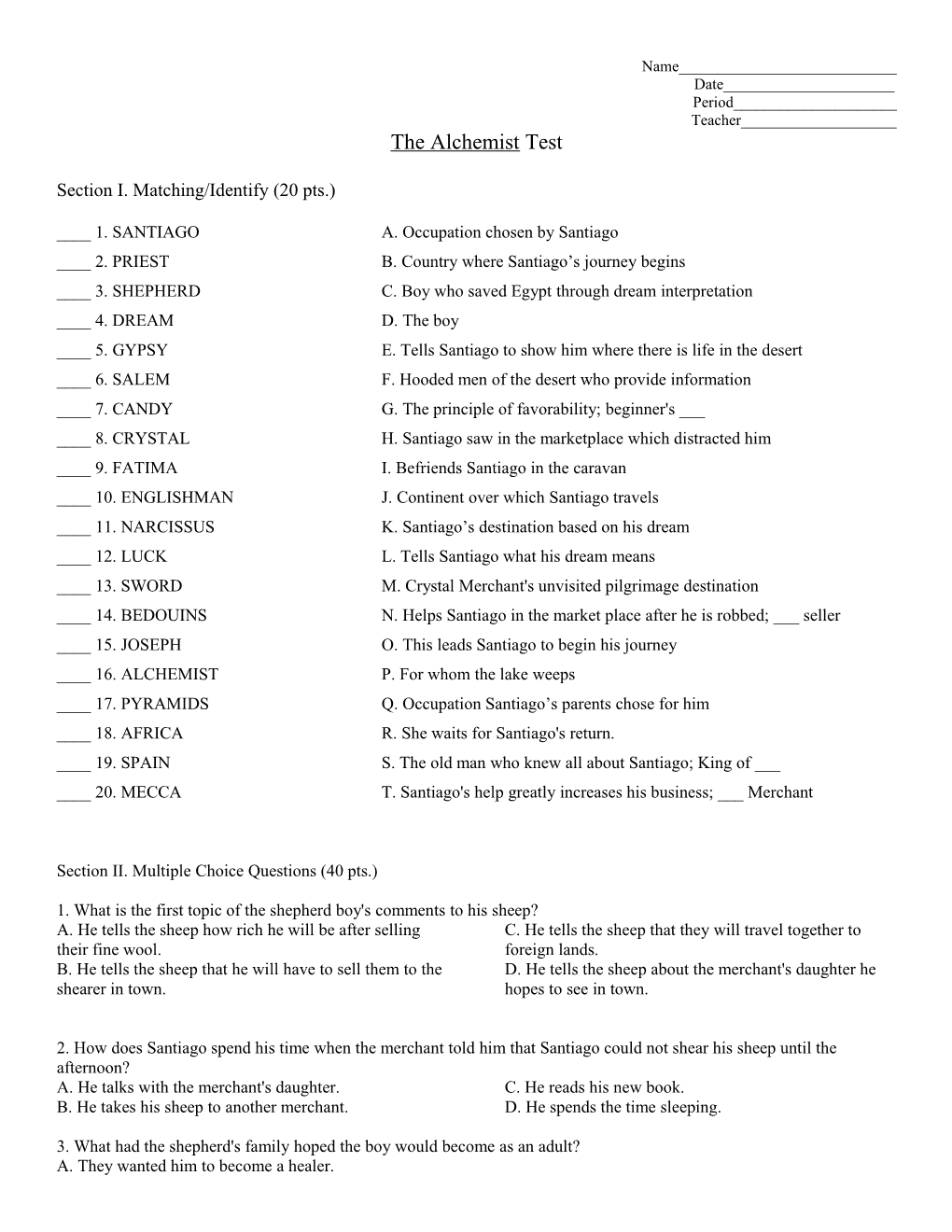 Section I. Matching/Identify (20 Pts.)